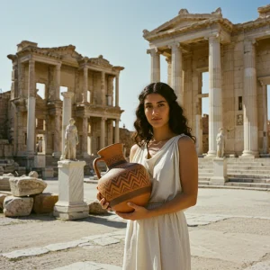 ancient greek woman holding chevron pottery 2