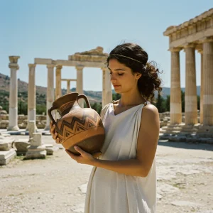 ancient greek woman holding chevron pottery