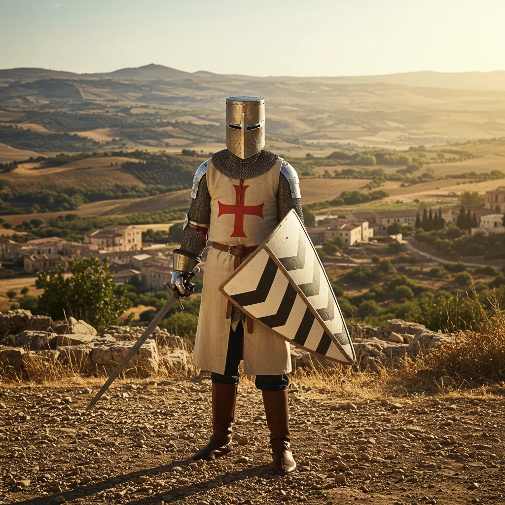 medieval knight holding chevron pattern shield