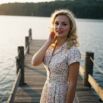 A blonde fashion model in a 1950s dress with a sly smile, posing on a dock at sunset.