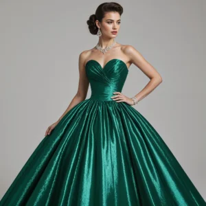 a glamorous woman in a 1950s emerald tafetta gown