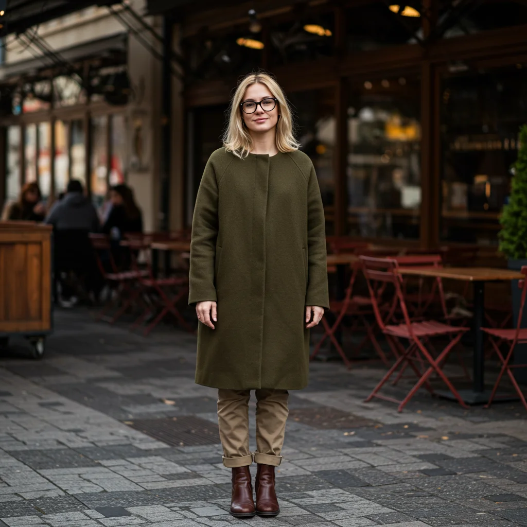 a woman in khaki coat