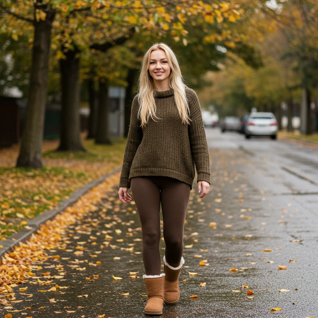 blonde woman in fall sweater and boots