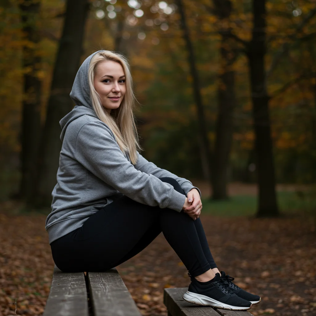 blonde woman in hoodie and leggings